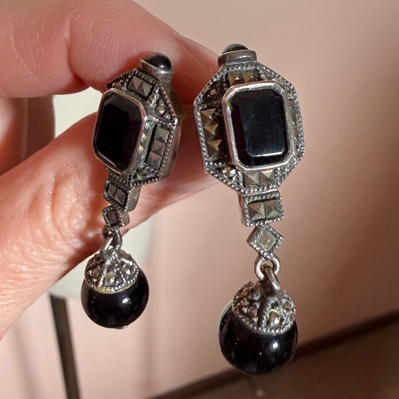 Judith Jack vintage Art Deco Sterling silver Onyx Dangle Earrings - Picture 11 of 16